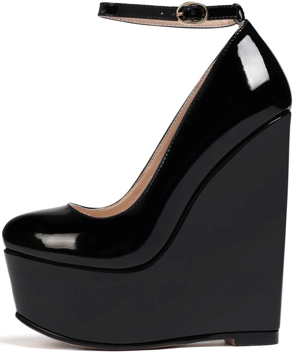 YODEKS Wedges for Women Closed Round Toe Ankle Strap Platform High Heel Wedge Pumps 6 Inches Dress Shoes
