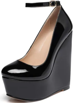 YODEKS Wedges for Women Closed Round Toe Ankle Strap Platform High Heel Wedge Pumps 6 Inches Dress Shoes