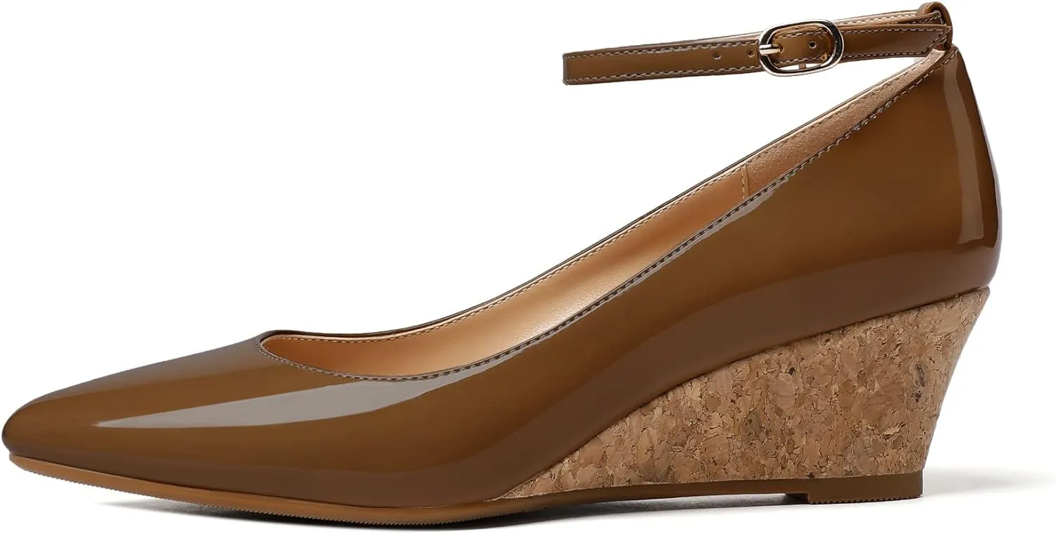 YODEKS Women's Wedge Pump Mid Heel Mary Jane Pointed Toe Shoes with Ankle Strap for Evening Party Dress Casual