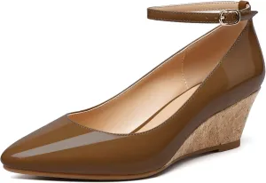 YODEKS Women's Wedge Pump Mid Heel Mary Jane Pointed Toe Shoes with Ankle Strap for Evening Party Dress Casual