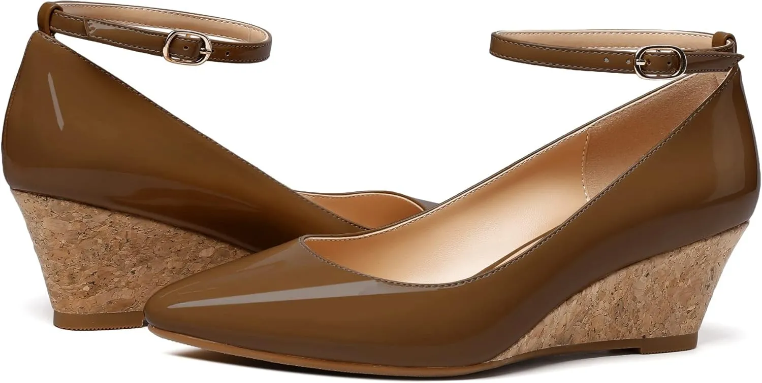 YODEKS Women's Wedge Pump Mid Heel Mary Jane Pointed Toe Shoes with Ankle Strap for Evening Party Dress Casual