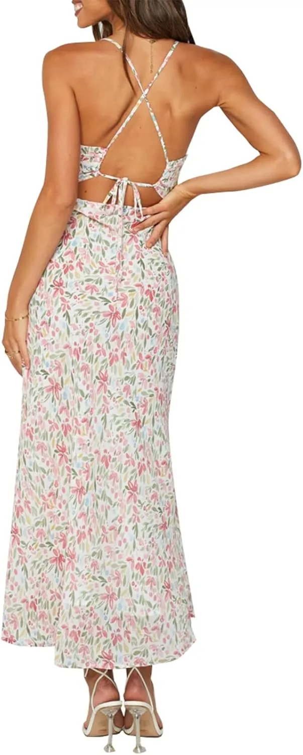 ZAFUL Women's Spaghetti Strap Floral Summer Hollow Twist Front Maxi Dresses Sexy Cutout V Neck Backless Vacation Dress