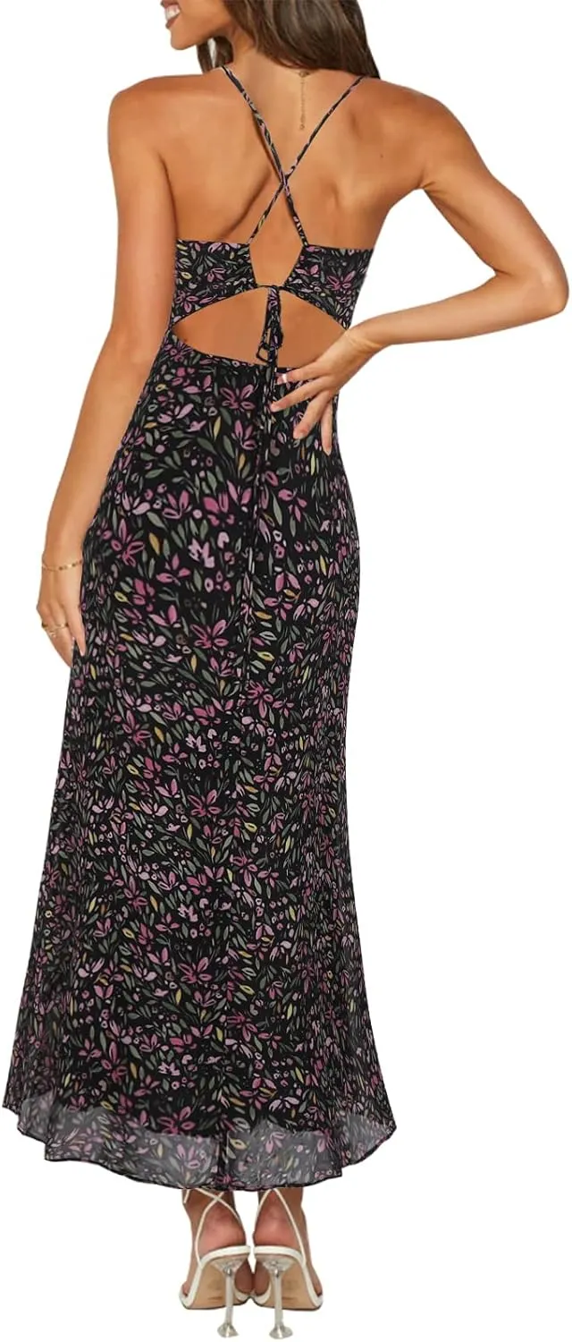 ZAFUL Women's Spaghetti Strap Floral Summer Hollow Twist Front Maxi Dresses Sexy Cutout V Neck Backless Vacation Dress