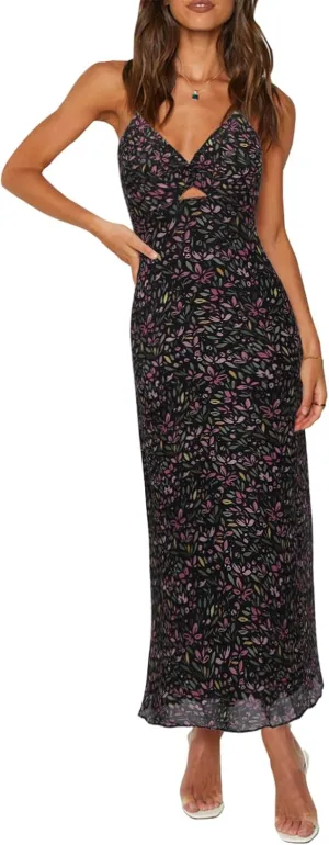 ZAFUL Women's Spaghetti Strap Floral Summer Hollow Twist Front Maxi Dresses Sexy Cutout V Neck Backless Vacation Dress