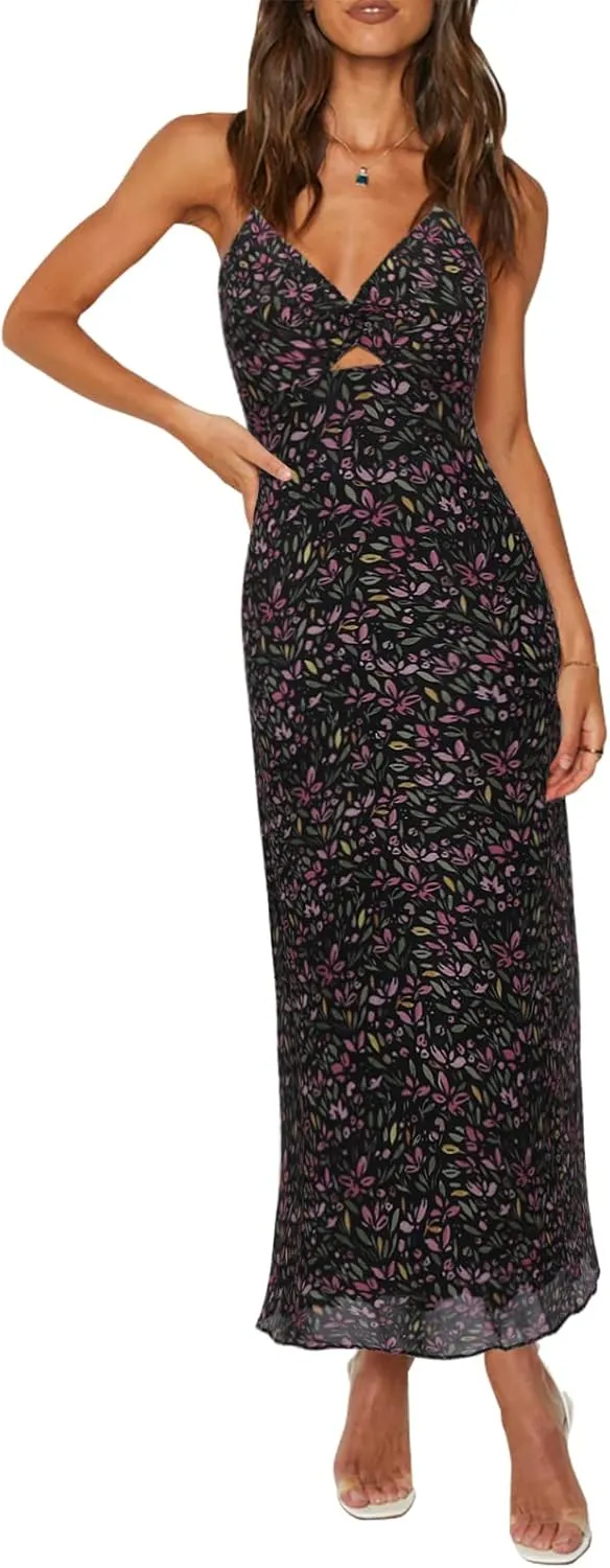 ZAFUL Women's Spaghetti Strap Floral Summer Hollow Twist Front Maxi Dresses Sexy Cutout V Neck Backless Vacation Dress