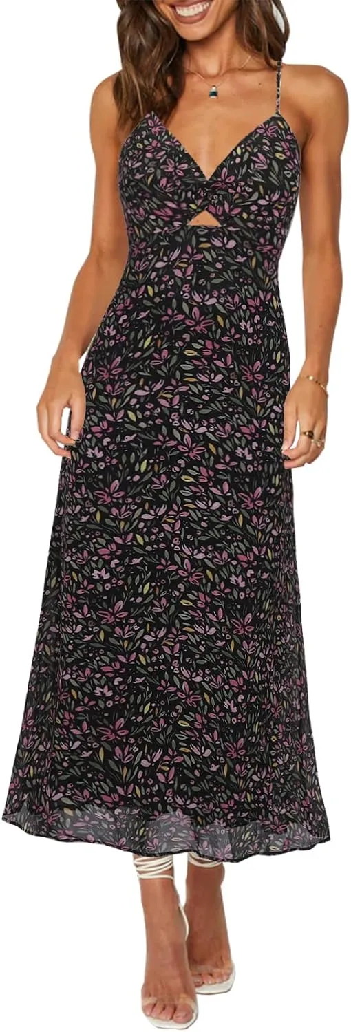 ZAFUL Women's Spaghetti Strap Floral Summer Hollow Twist Front Maxi Dresses Sexy Cutout V Neck Backless Vacation Dress