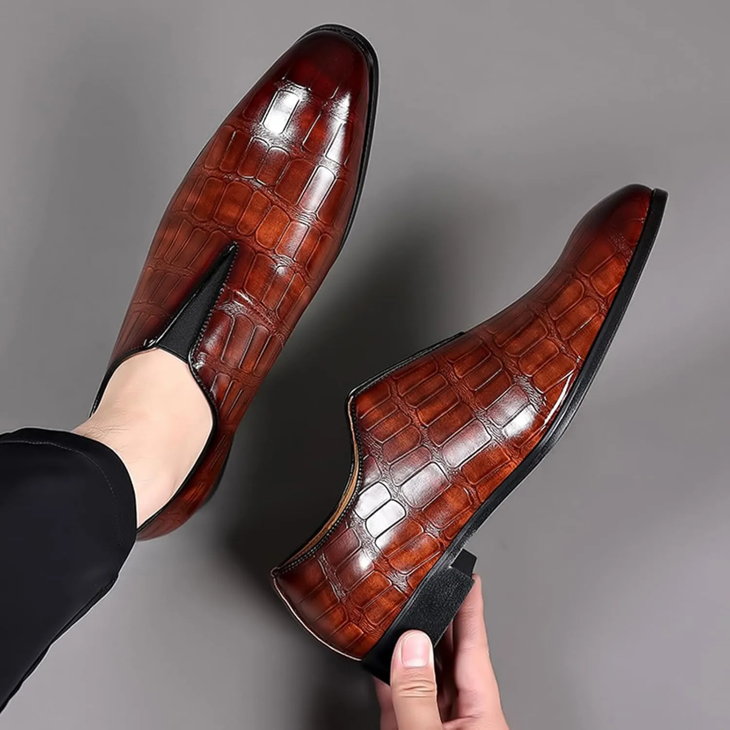 Zeberfi Men's Stone Pattern Leather Slip On Dress Loafers Fashion Elastic Strap Pointed Toe Low Top Non-Slip Luxury Business Formal Shoes