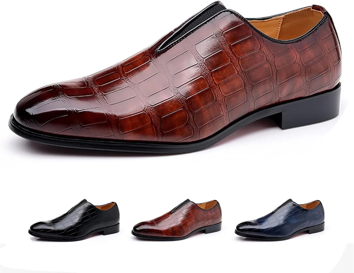 Zeberfi Men's Stone Pattern Leather Slip On Dress Loafers Fashion Elastic Strap Pointed Toe Low Top Non-Slip Luxury Business Formal Shoes