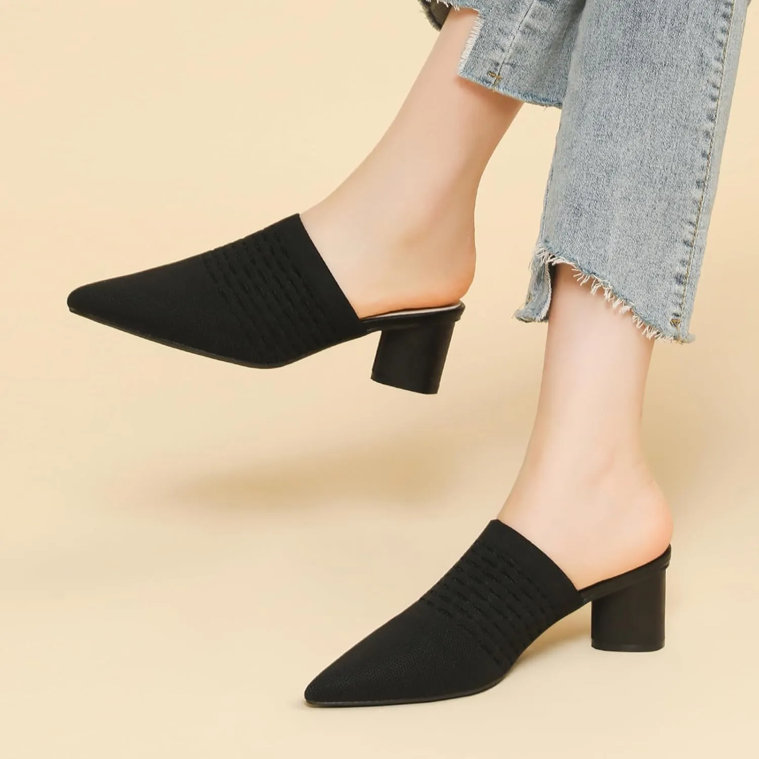 Zeberfi Women's Knit Closed Pointed Toe Low Chunky Heel Mules Fashion Mesh Breathable Slingback Slip-on Pumps Sandals Summer Comfortable Prom Party Dress Shoes