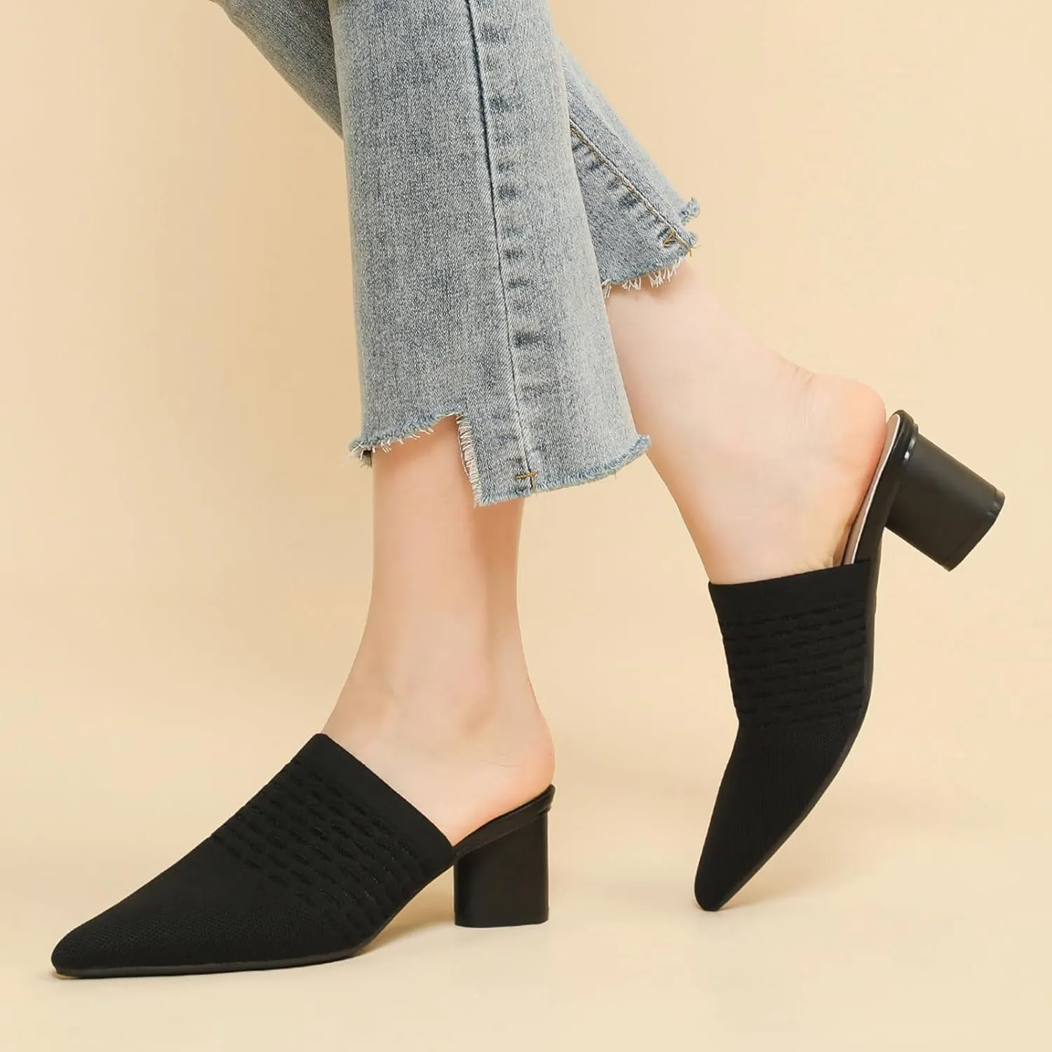 Zeberfi Women's Knit Closed Pointed Toe Low Chunky Heel Mules Fashion Mesh Breathable Slingback Slip-on Pumps Sandals Summer Comfortable Prom Party Dress Shoes
