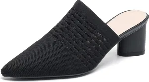 Zeberfi Women's Knit Closed Pointed Toe Low Chunky Heel Mules Fashion Mesh Breathable Slingback Slip-on Pumps Sandals Summer Comfortable Prom Party Dress Shoes