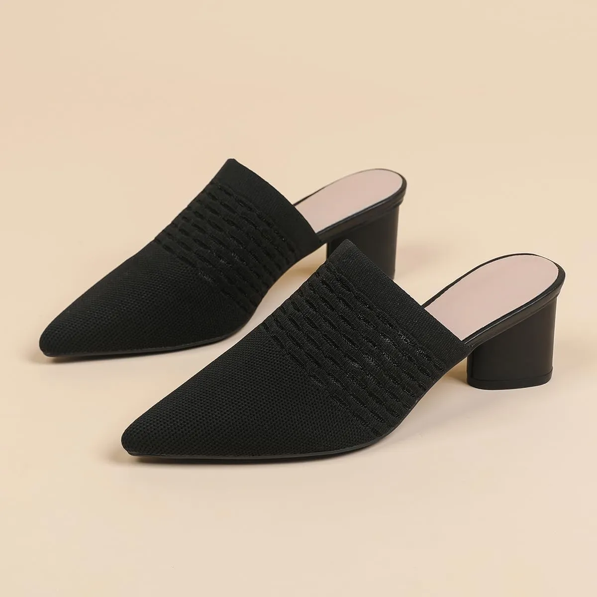 Zeberfi Women's Knit Closed Pointed Toe Low Chunky Heel Mules Fashion Mesh Breathable Slingback Slip-on Pumps Sandals Summer Comfortable Prom Party Dress Shoes