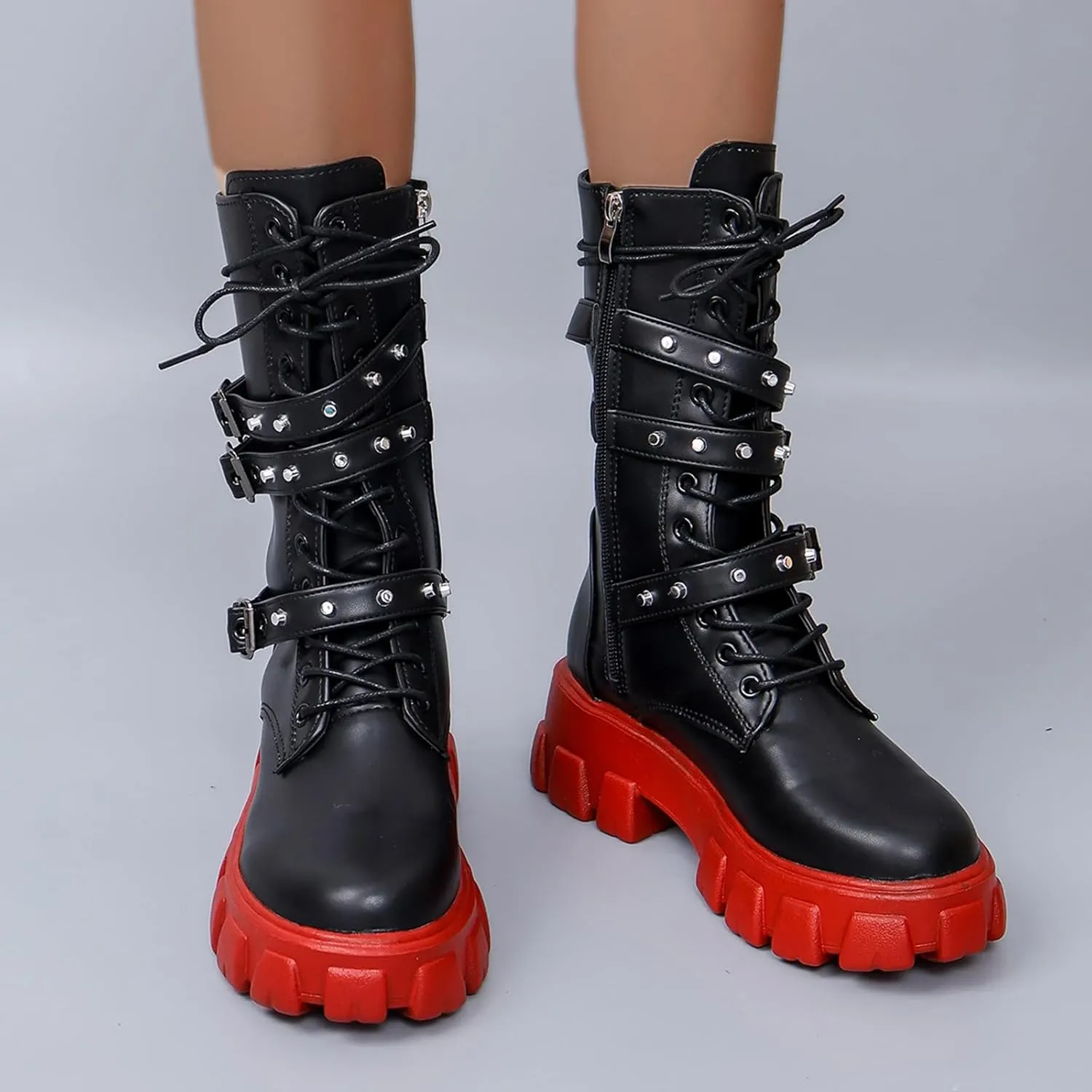 ZKXYFFS Womens Goth Ankle Booties Chunky High Heel Mid Calf Boots Side Zip Combat Boots Lace Up Punk Rivet Boots Motorcycle Platform Boots for Women