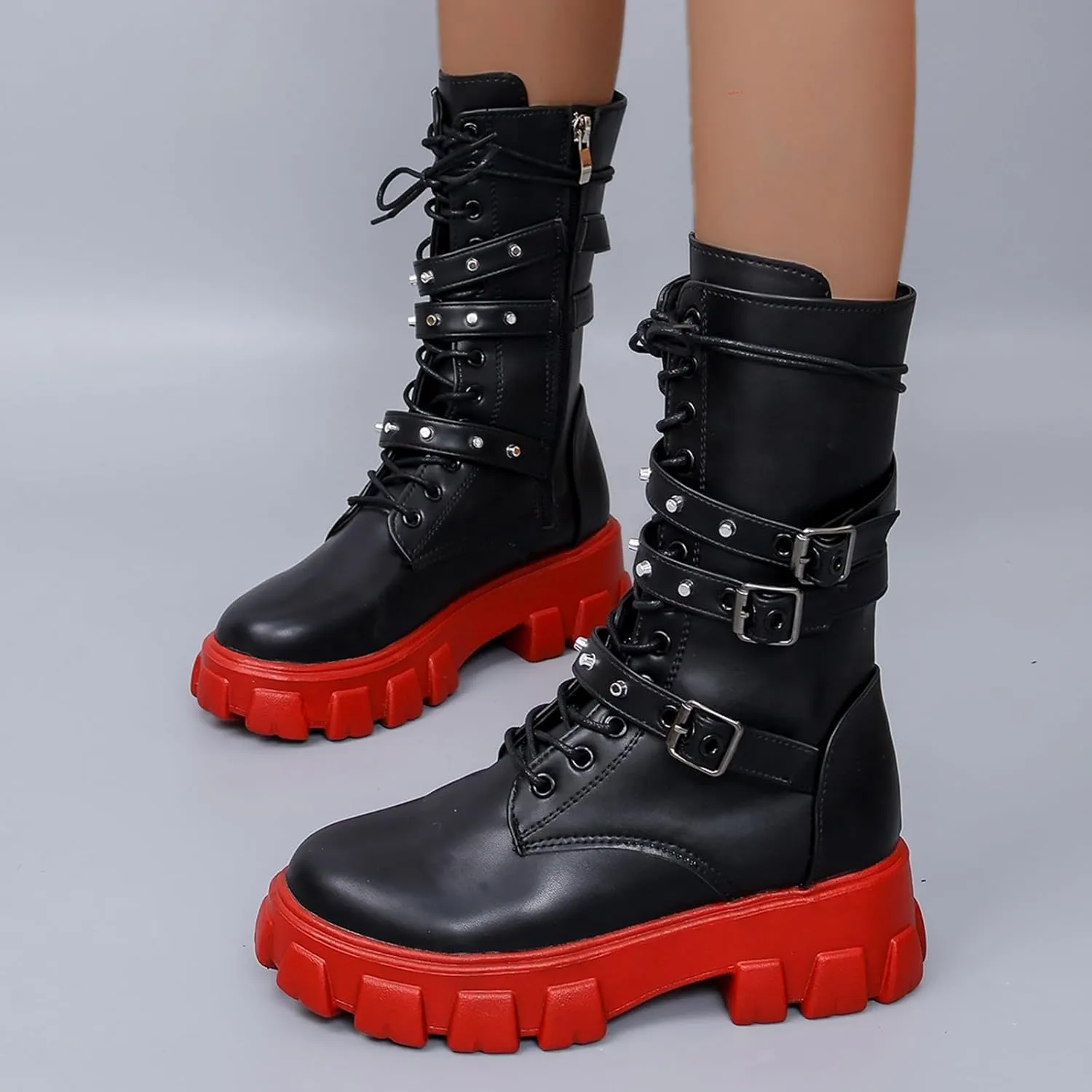 ZKXYFFS Womens Goth Ankle Booties Chunky High Heel Mid Calf Boots Side Zip Combat Boots Lace Up Punk Rivet Boots Motorcycle Platform Boots for Women
