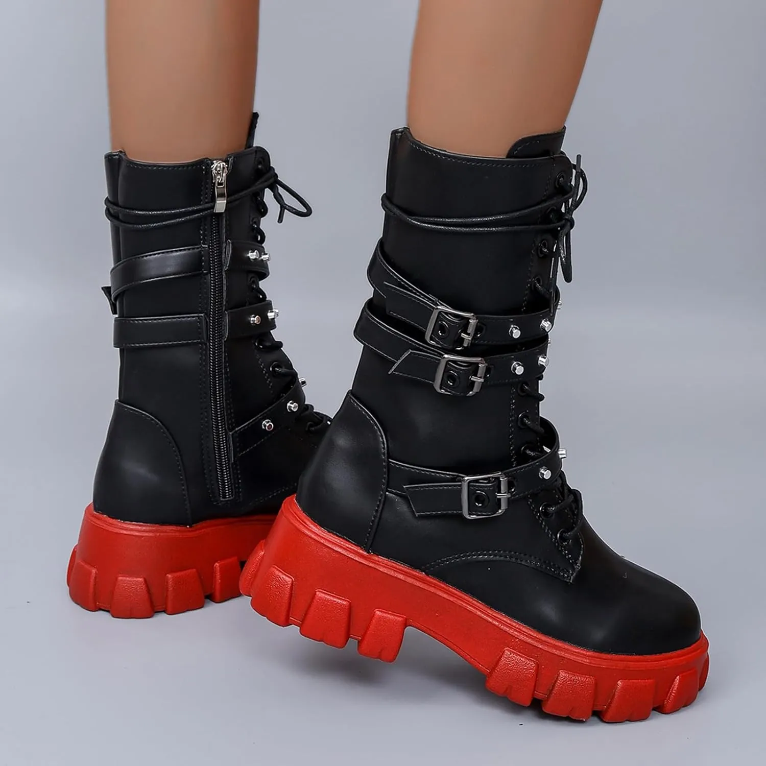 ZKXYFFS Womens Goth Ankle Booties Chunky High Heel Mid Calf Boots Side Zip Combat Boots Lace Up Punk Rivet Boots Motorcycle Platform Boots for Women