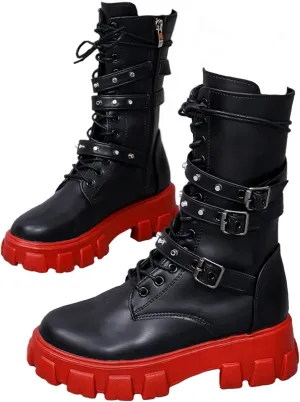 ZKXYFFS Womens Goth Ankle Booties Chunky High Heel Mid Calf Boots Side Zip Combat Boots Lace Up Punk Rivet Boots Motorcycle Platform Boots for Women
