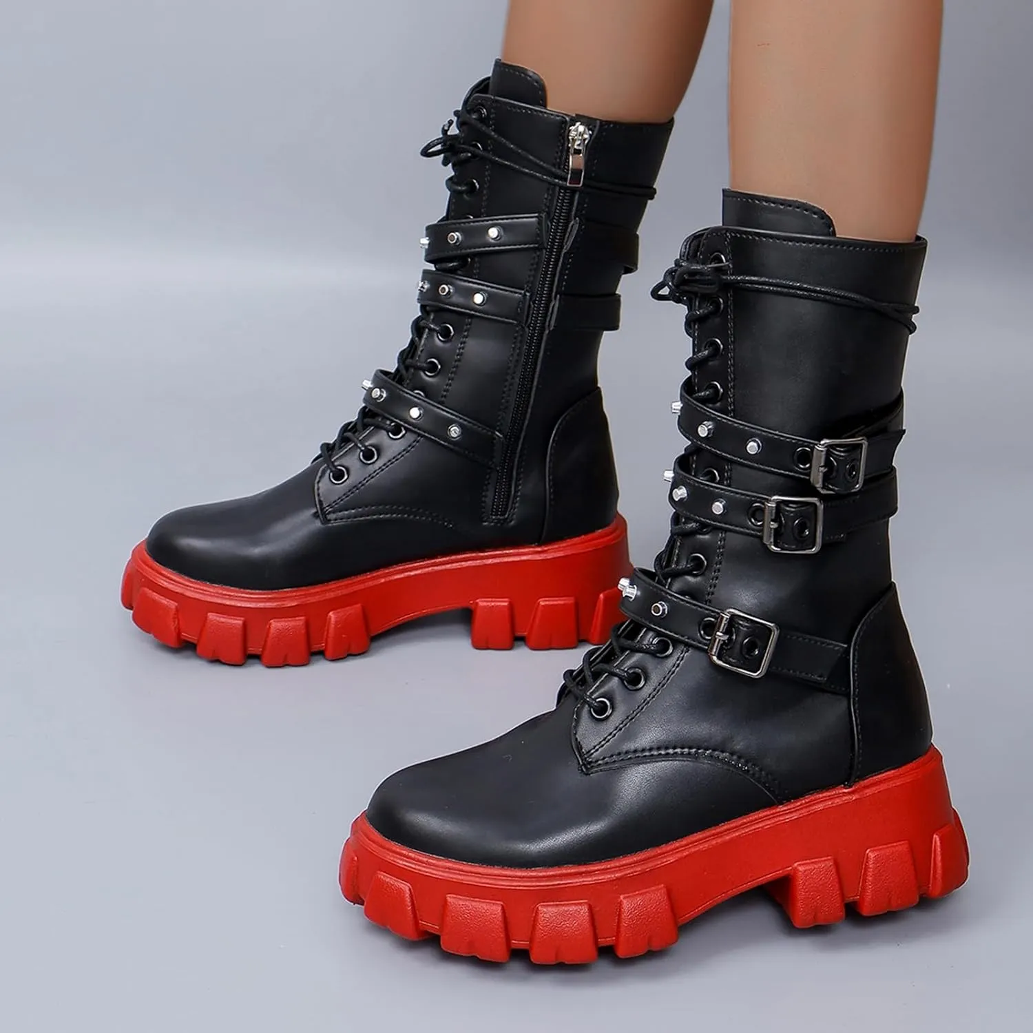 ZKXYFFS Womens Goth Ankle Booties Chunky High Heel Mid Calf Boots Side Zip Combat Boots Lace Up Punk Rivet Boots Motorcycle Platform Boots for Women
