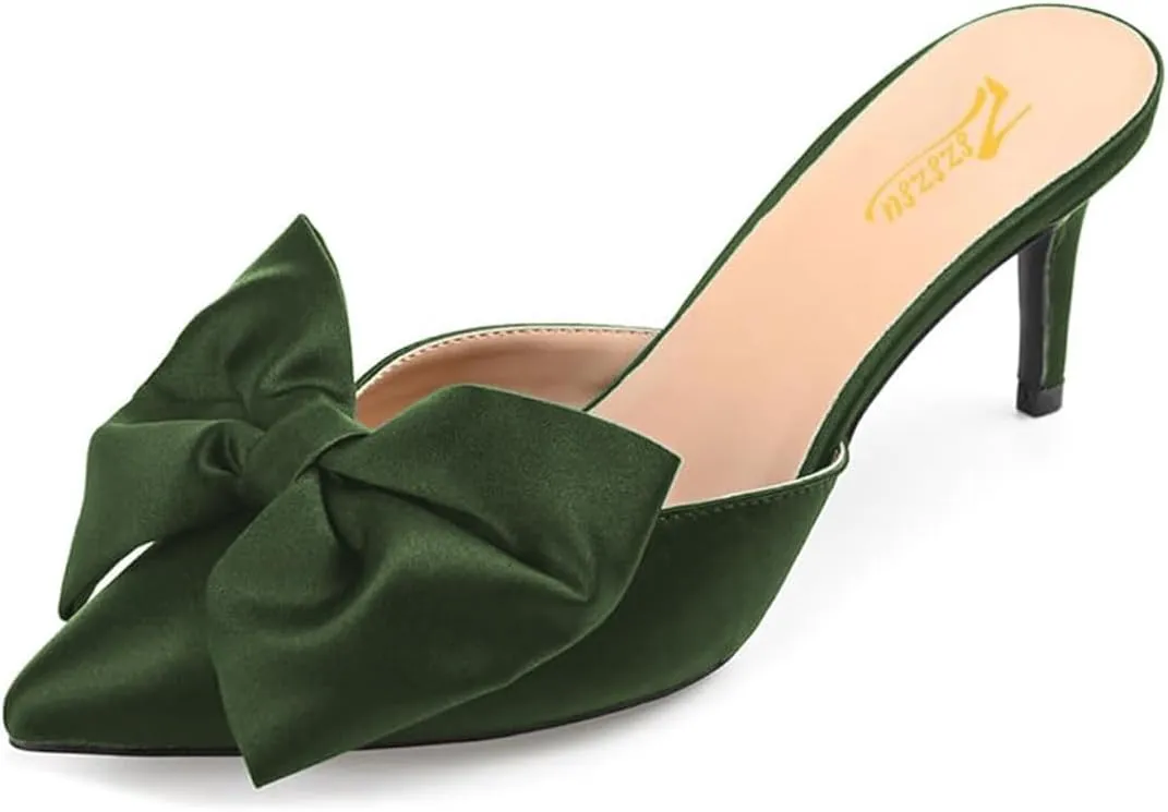 Zszszsu Women's Stiletto Heel Mules Closed Pointed Toe Bow Slide Sandals Elegant Backless Dress Wedding Party Shoes Size 4-16 US