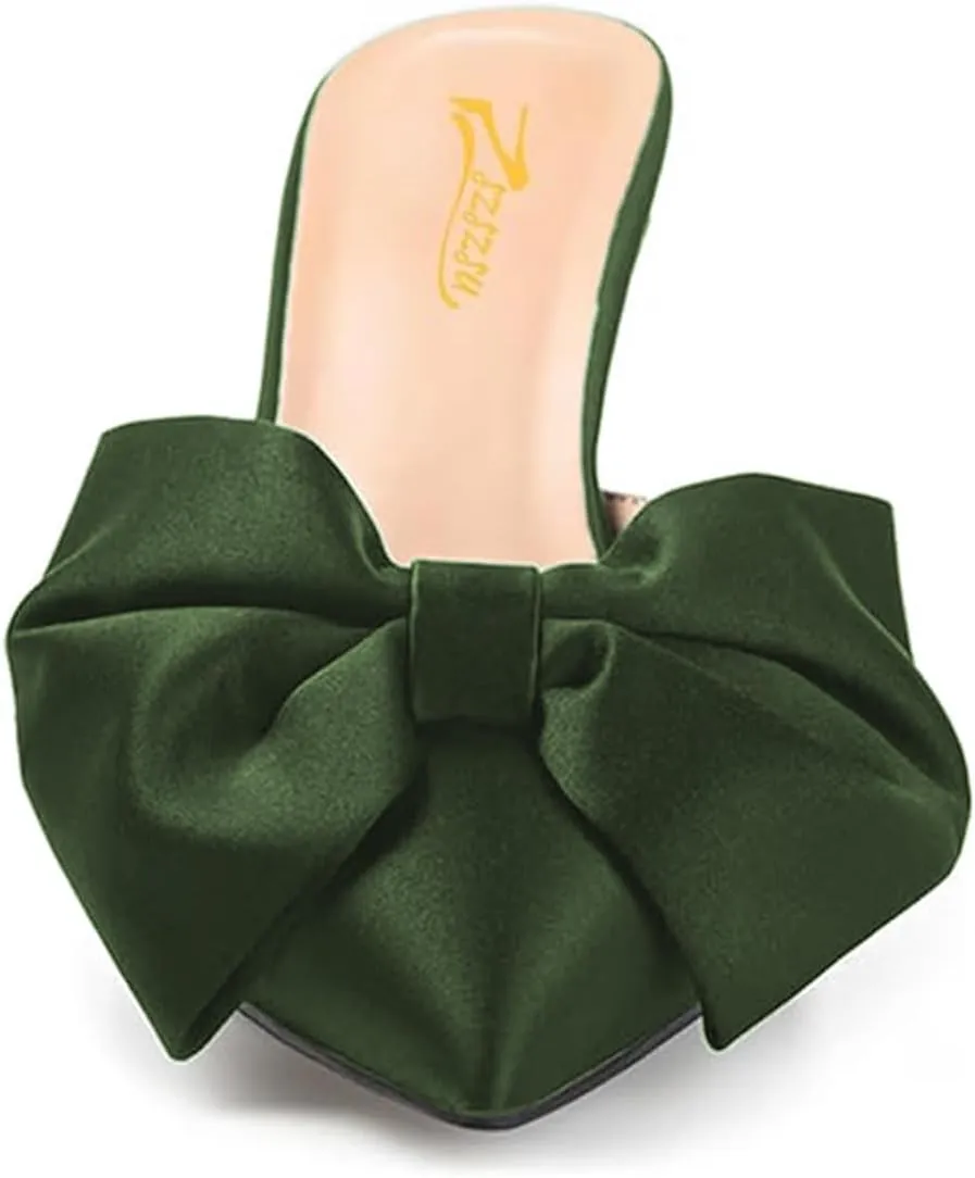 Zszszsu Women's Stiletto Heel Mules Closed Pointed Toe Bow Slide Sandals Elegant Backless Dress Wedding Party Shoes Size 4-16 US